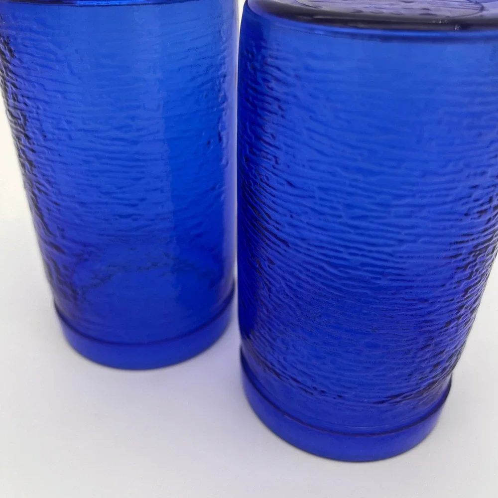 Vintage Cobalt Blue Textured Bark Glass Tumblers Set of 2 Drinking Glasses